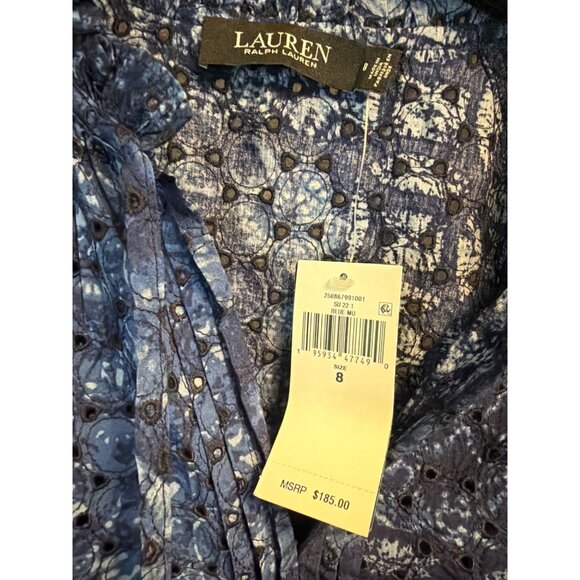 NWT Lauren Ralph Lauren Navy Blue Eyelet Dress Size 8 - Picture 2 of 3